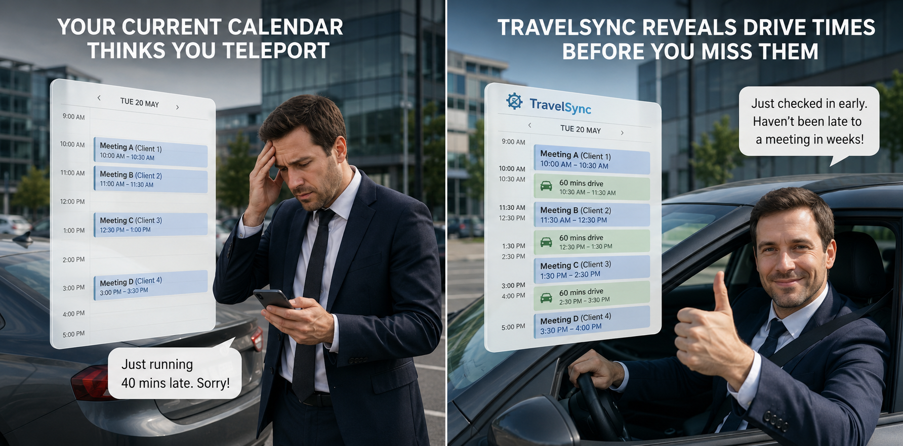 Before and after: calendar with no travel time vs TravelSync showing drive times